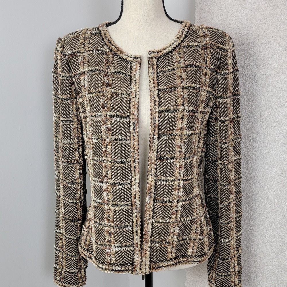 St. John Knit Jacket Women 6 Brown Chevron Plaid Metallic Zip Front Old Money - Picture 4 of 16